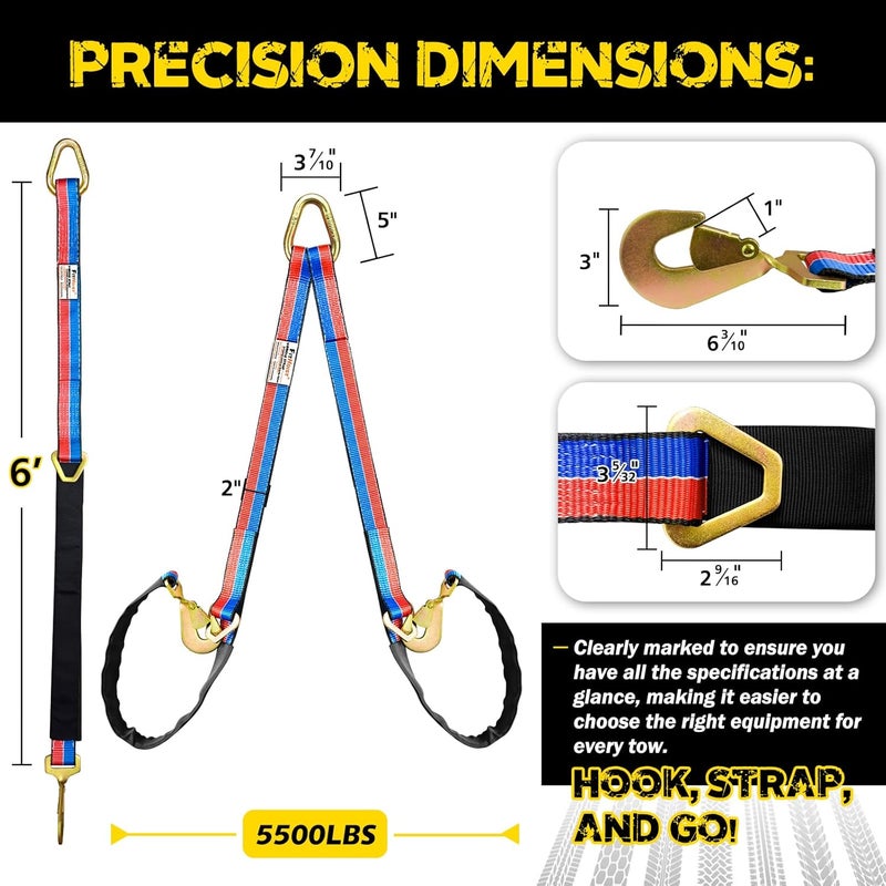 FITHOIST V-Bridle Tow Strap(Red&Blue) 2" x 6' with Snap Hooks, Cordura Sleeve, and Axle Straps, D-Ring for Enhanced Stability, Recovery Strap 5500lbs Load for Car Towing, Rollback, Flatbed, Tow Truck - Image 3
